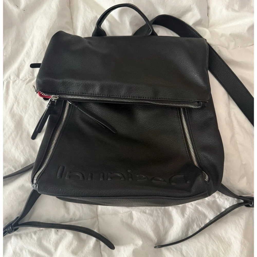 DESIGUAL Black Nerano Urban Backpack Faux Leather Vegan Silver Hardware Purse
